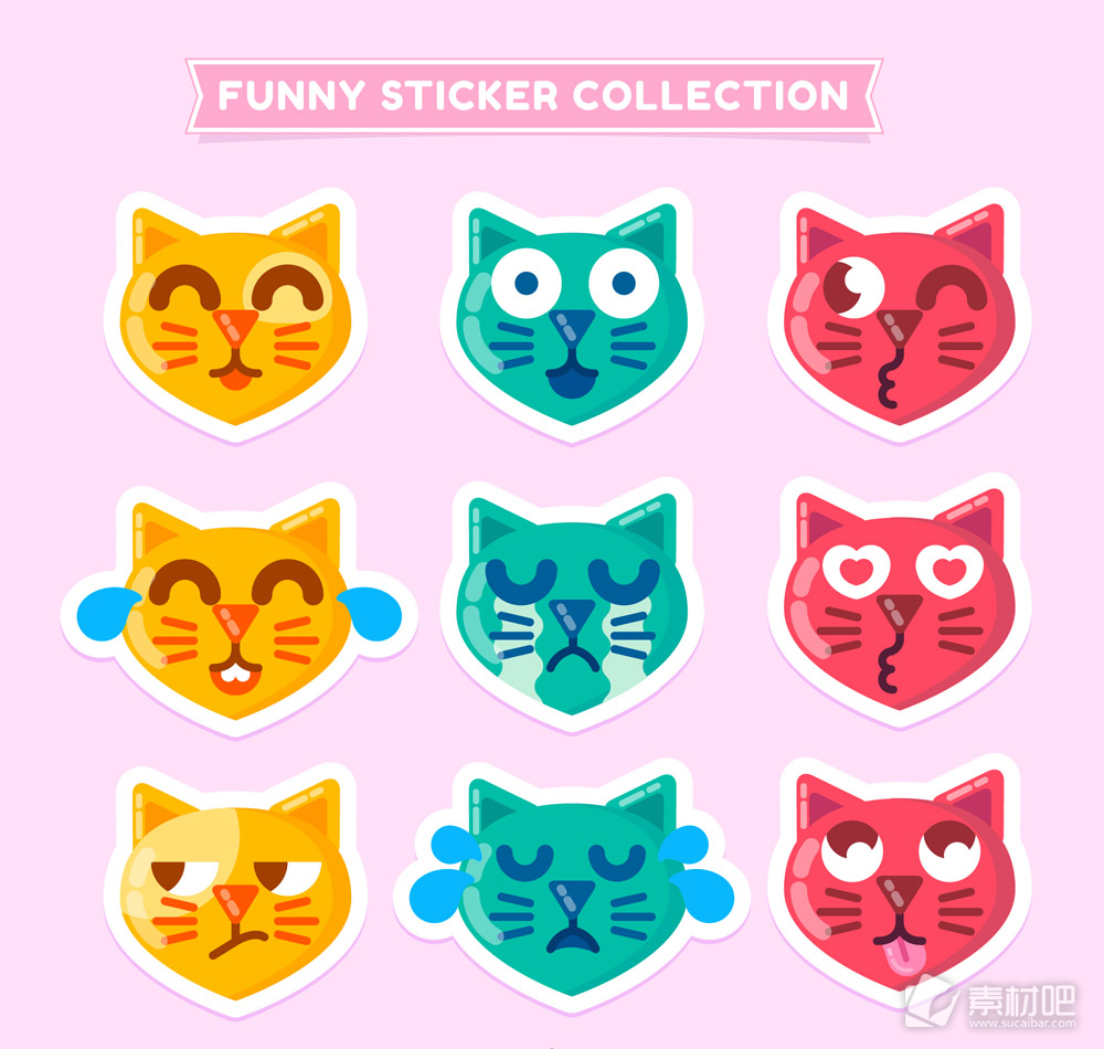 9款有趣的猫咪表情头像贴纸矢量素材