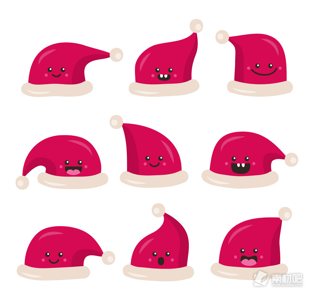 9款可爱表情圣诞帽矢量素材