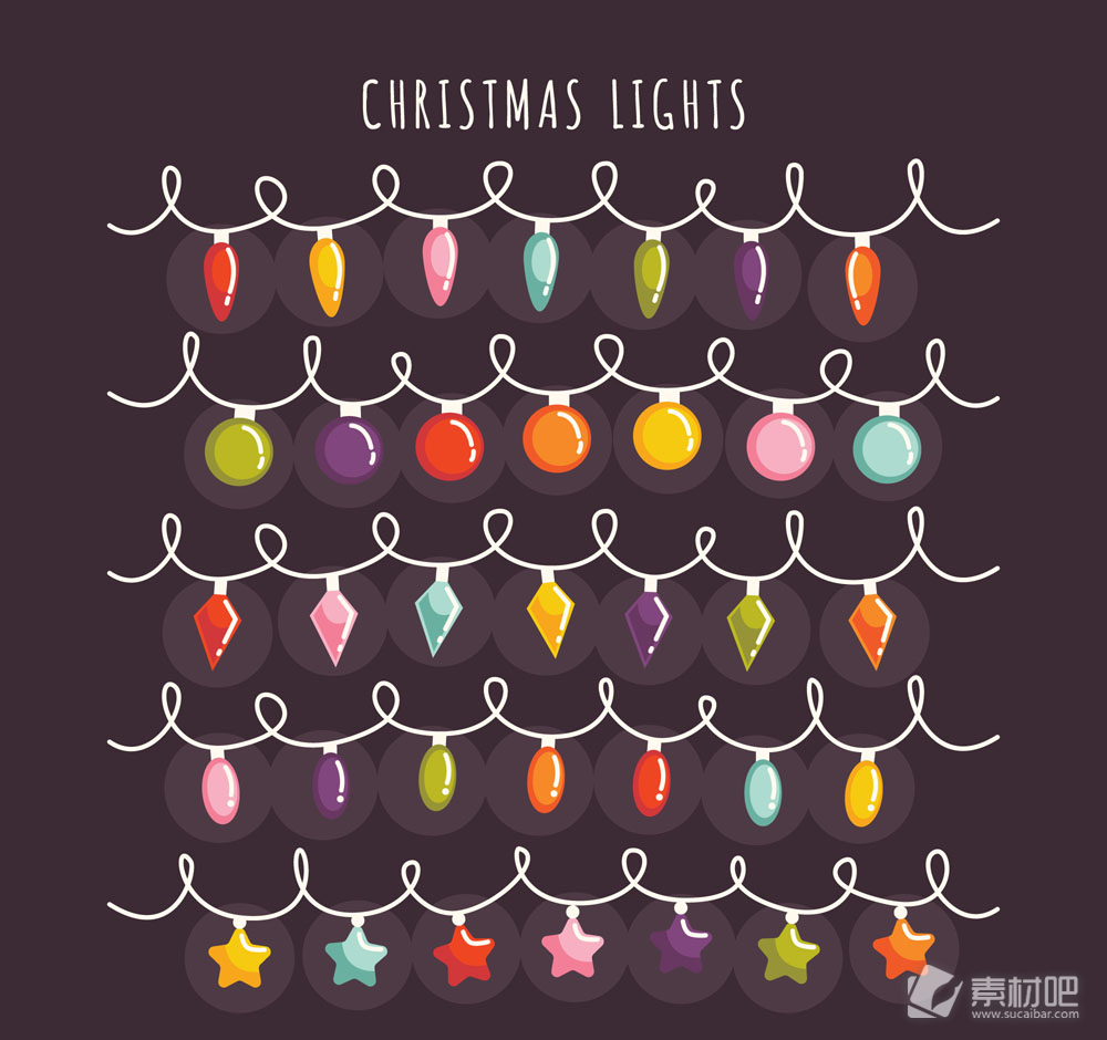 5款可爱手绘圣诞节彩灯串矢量素材