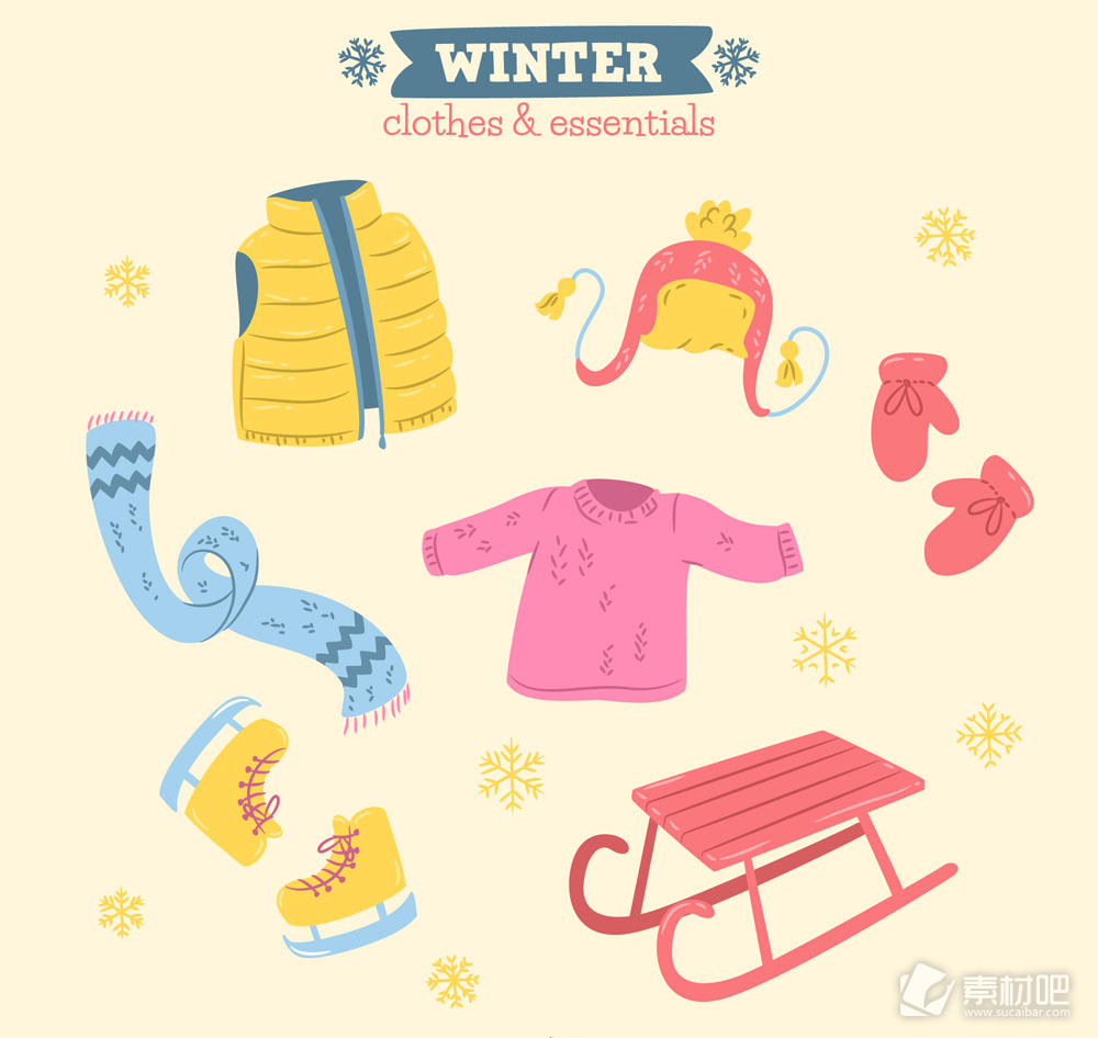 6款彩绘冬季服装和配饰矢量图