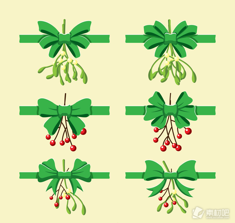6款绿色圣诞植物蝴蝶结矢量素材