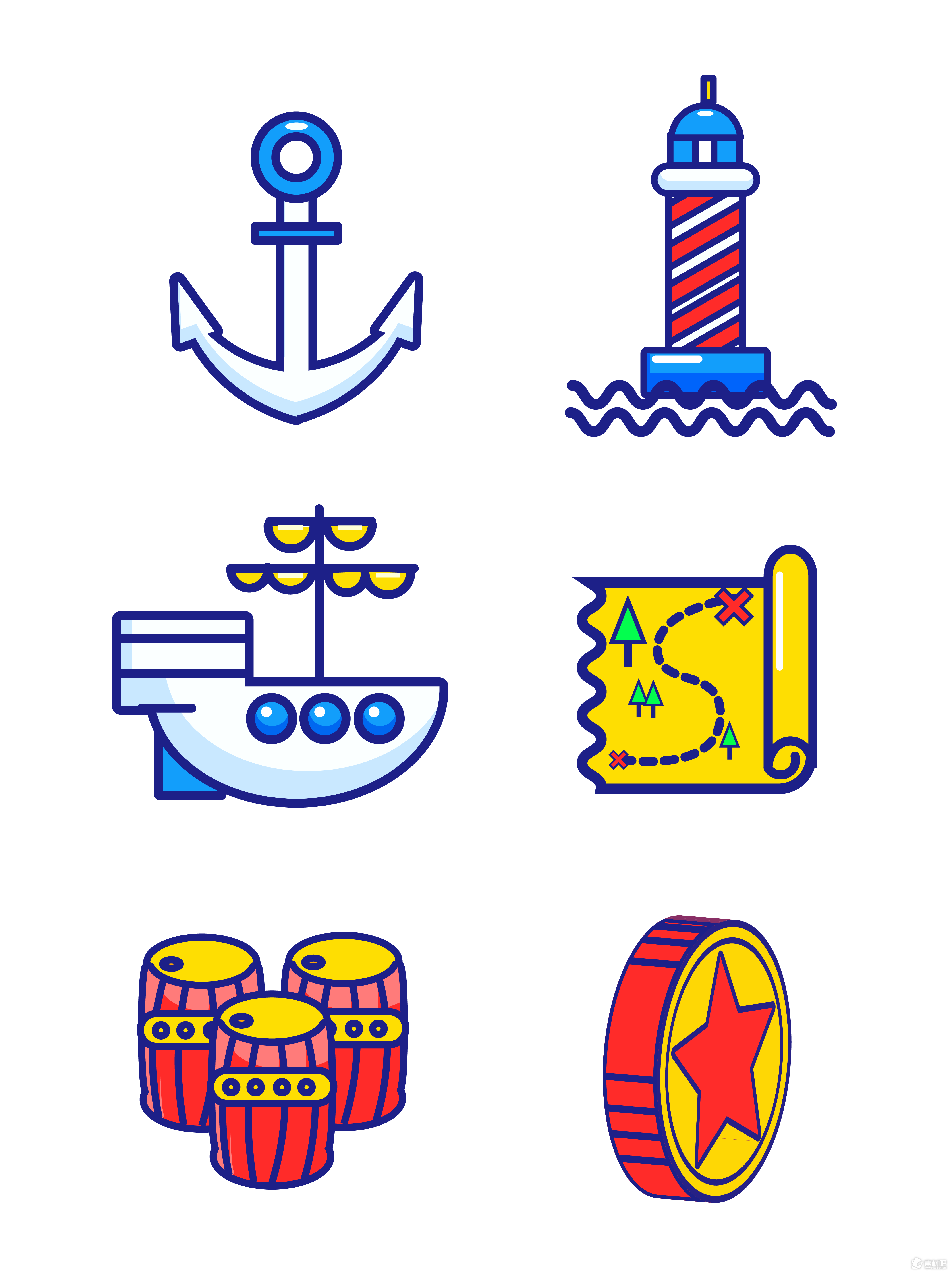 航海装饰图标蓝色灯塔水钱币矢量素材