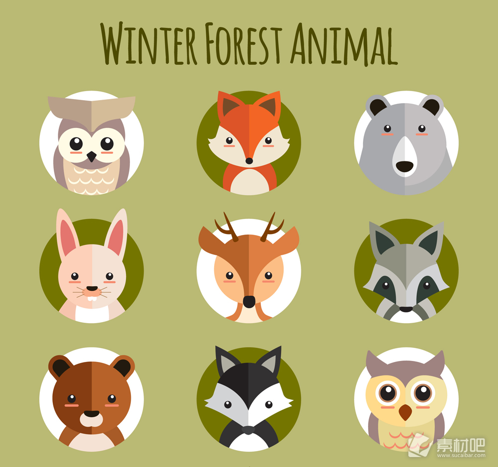 9款扁平化冬季森林动物头像矢量图
