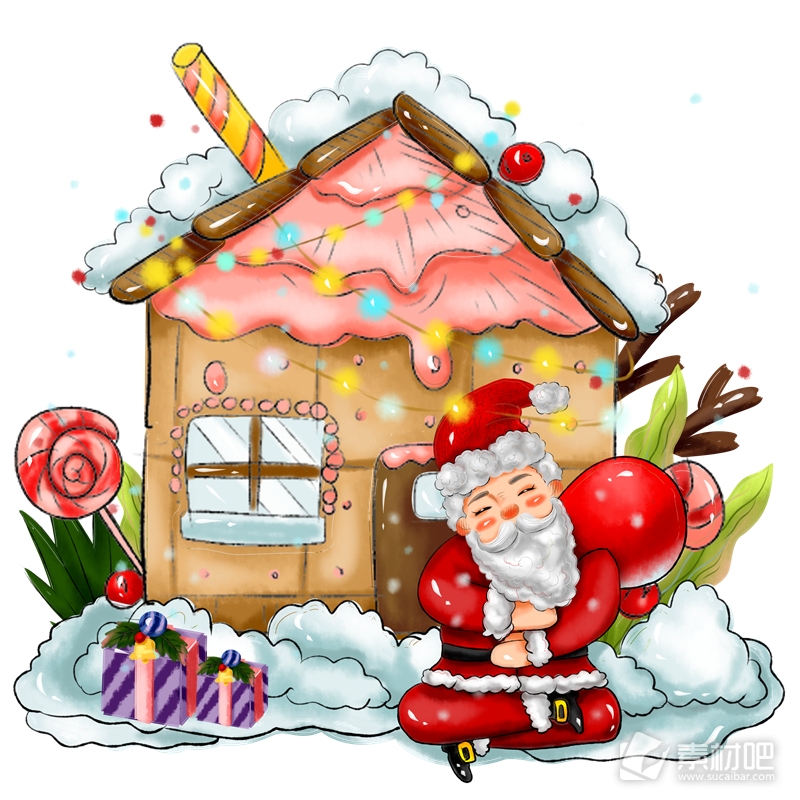 商用手绘圣诞节日圣诞老人姜饼屋植物元素