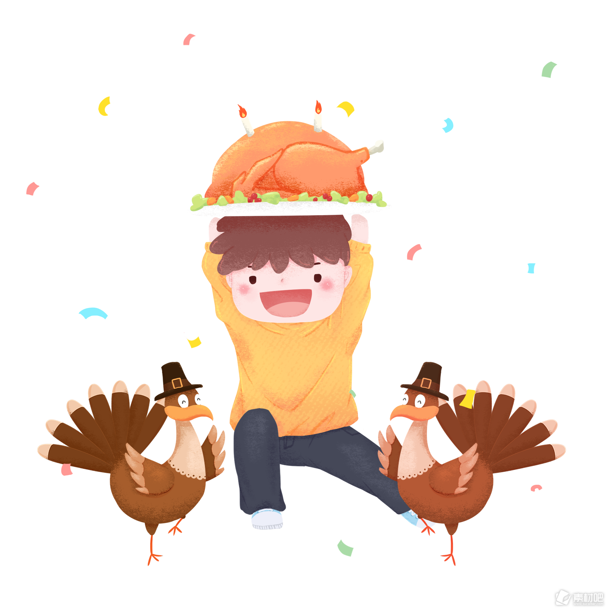 感恩节手绘插画风男孩上菜火鸡节日庆祝
